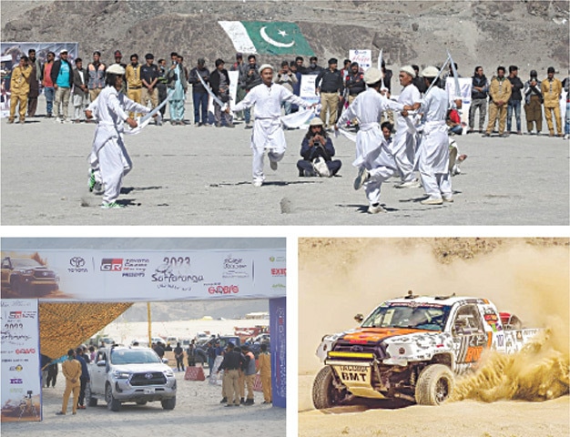(CLOCKWISE from top) Wearing traditional dress, locals perform a sword dance at the opening of the fifth Sarfaranga Cold Desert Rally in Shigar, Gilgit-Baltistan. Around 100 vehicles are taking part in the jeep race while 57 drivers qualified for the final round, to be held today (Sunday).—Photos by DC Shigar/Haroon Muzaffar/Imran Ali