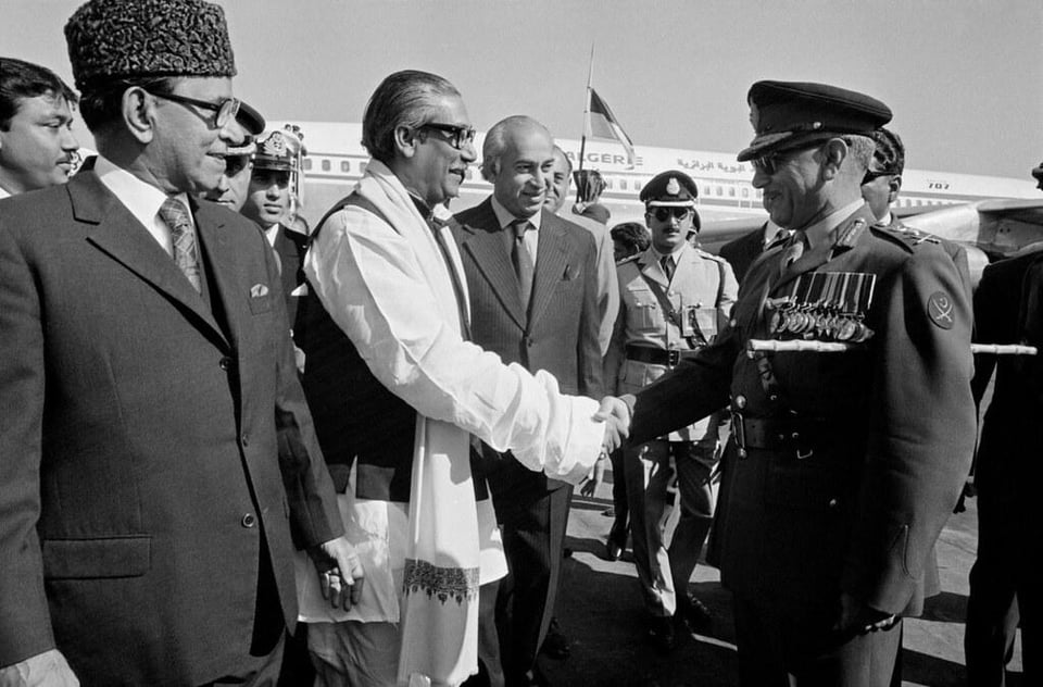 r/bangladesh - Sheikh Mujiubr Rahamn shaking hands with 'Butcher of Bengal' General Tikka Khan with ZA Bhutto by his side. Lahore 1974.