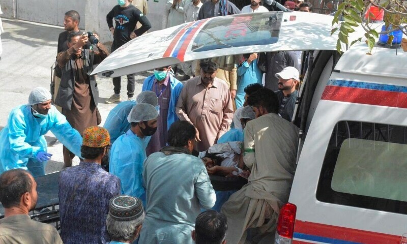 Men and paramedic staff transfer a man, who was injured in a blast in Mastung, from an ambulance outside hospital in Quetta, Pakistan September 29, 2023. — Reuters