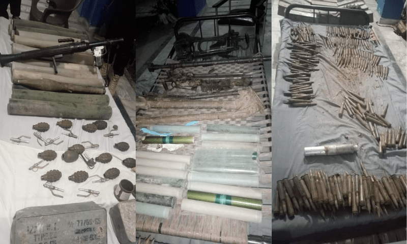 <p>A combo of pictures shows the arms and ammunitions seized by the Kohat police on May 3, 2023. — KP police’s Twitter account and author</p>
