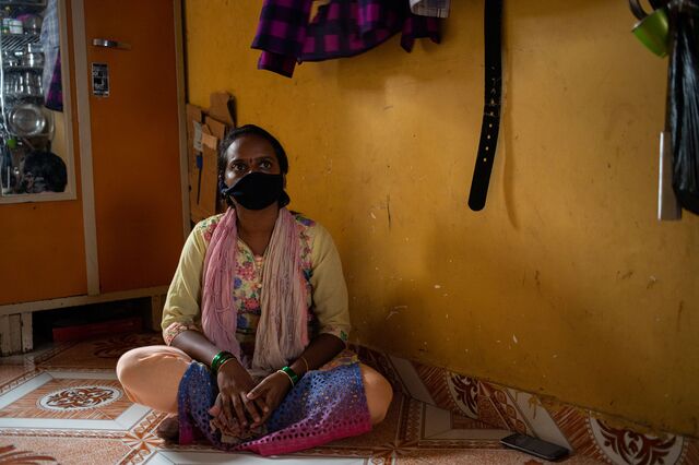Valli Ilaiyaraaja, a domestic worker who has been laid off from her jobs during the lockdown sits in her modest home Dharavi, Mumbai. 17th July 2020.