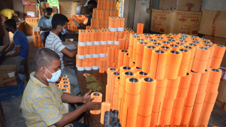 Workers of Bogura Motors Ltd package car filters after production at a factory in Bogura Bscic industrial estate. The photo was taken recently. Photo: Khorshed Alam 