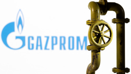 A 3D printed natural gas pipeline is placed in front of displayed Gazprom logo in this illustration taken February 8, 2022. REUTERS/Dado Ruvic/Illustration