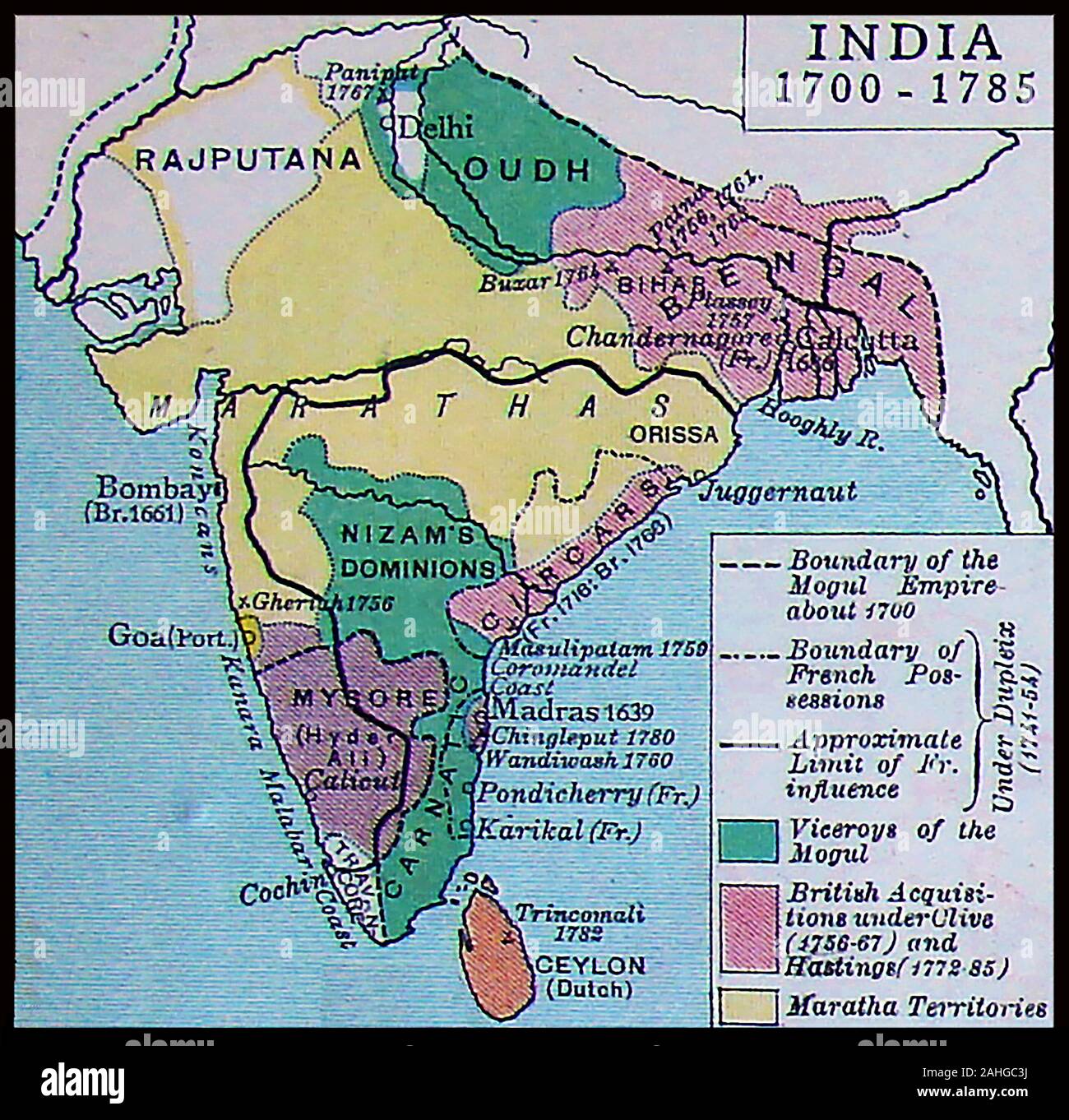 a-1922-map-showing-india-in-the-18th-century-including-the-former-mogul-empire-and-british-french-possessions-2AHGC3J.jpg