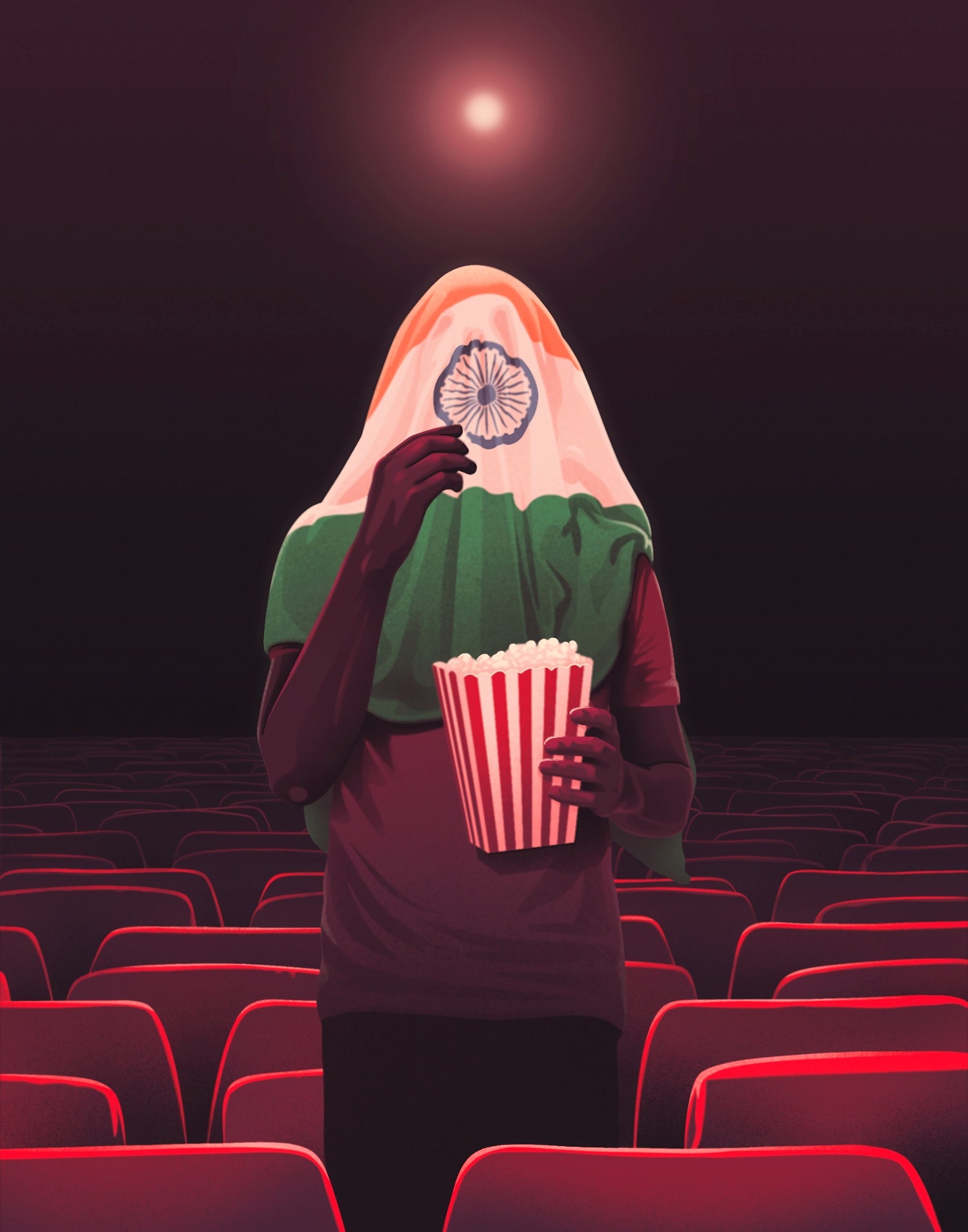 An illustration of a person standing in a darkened movie theater holding popcorn, with the Indian flag covering their face. 
