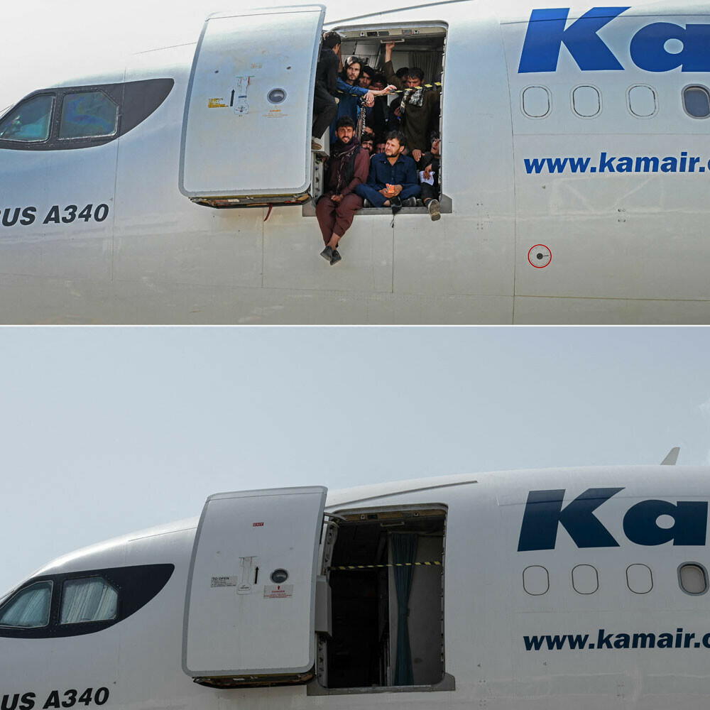 This combination of pictures created shows (top) Afghan people sitting at the door of a plane as they wait at the Kabul airport in Kabul on August 16, 2021, and (bottom) the same area of the airport taken on August 1, 2022.-AFP