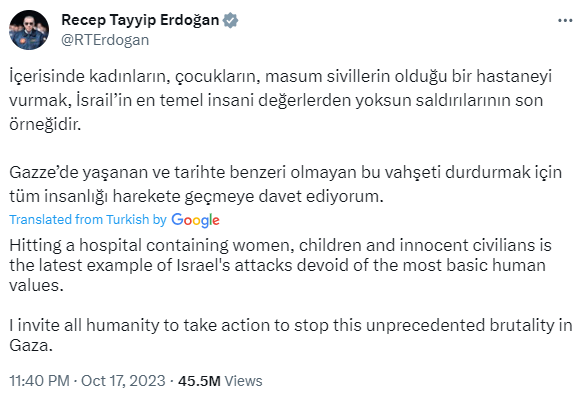  Screengrab of Google-translated post by Erdogan. 