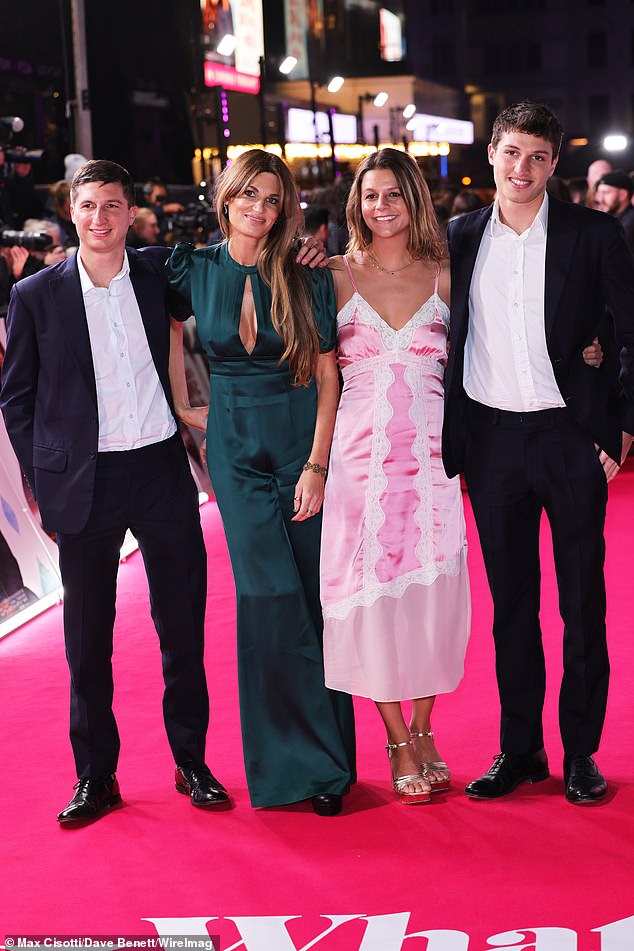 (L to R) Sulaiman Khan, Jemima Khan, Tyrian White and Kasim Khan attend the UK Premiere of What's Love Got To Do With It? at Odeon Luxe Leicester Square on February 13, 2023 in London, England