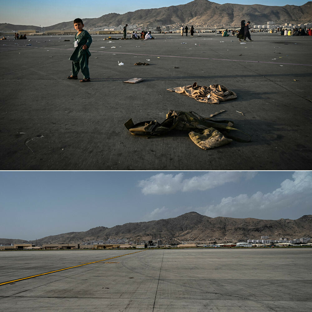 This combination of pictures created shows (top) an Afghan child walks near military uniforms as he with others wait to leave the Kabul airport in Kabul on August 16, 2021, and (bottom) the same area of the airport taken on August 1, 2022.-AFP
