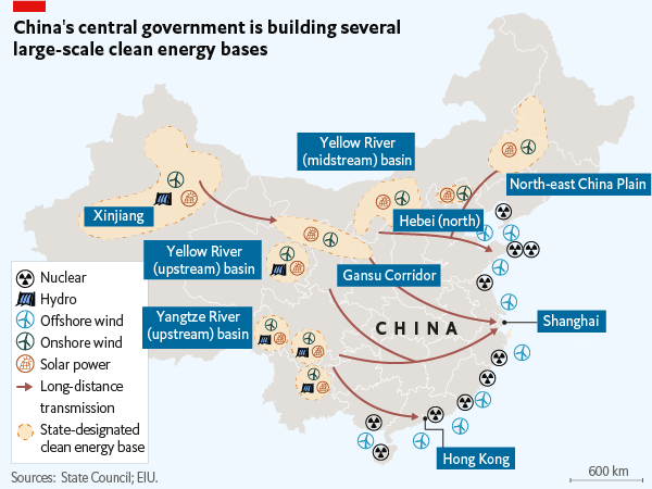 Map showing China's plan to build several large-scale clean energy bases.