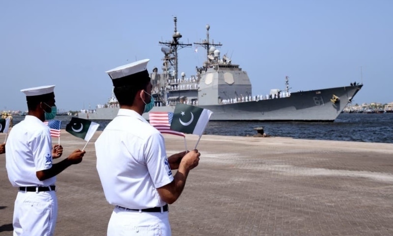 The United States Navy’s guided-missile cruiser USS Monterey visited Karachi Port, Pakistan Navy’s media wing said on Thursday. — Photo courtesy DGPR Twitter