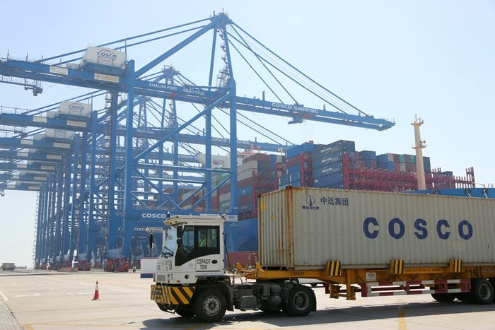 China container ship Khalifa Port Abu Dhabi UAE