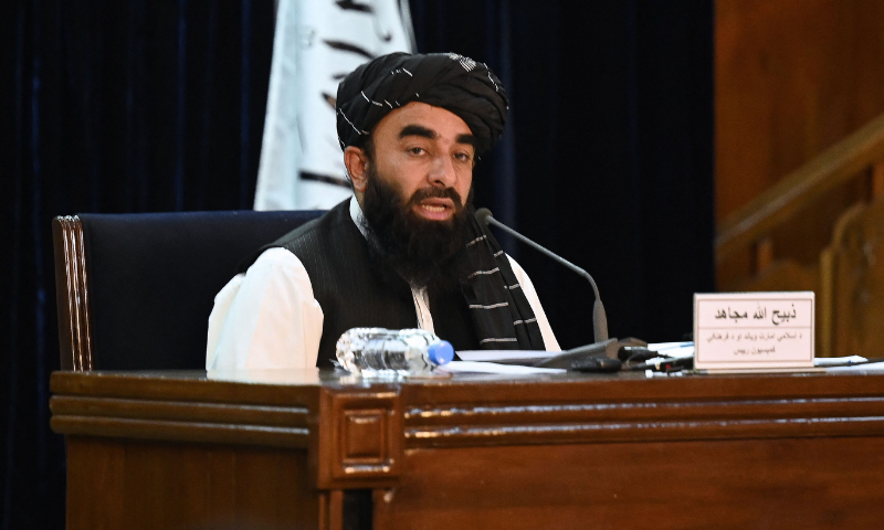 Taliban spokesman Zabihullah Mujahid addresses a press conference in Kabul on Tuesday. — AFP