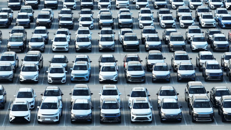 WUHU, CHINA - AUGUST 11: Chery Automobile Co. vehicles wait for shipment at a port on August 11, 2023 in Wuhu, Anhui Province of China. (Photo by Wang Yushi/VCG via Getty Images)