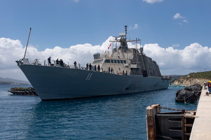 The Freedom-class littoral combat ship USS Sioux City (LCS 11), homeported at Naval Station Mayport, Jacksonville, Fla., arrives at the Marathi NATO Pier Complex in Souda Bay, Greece, to undergo scheduled preventative maintenance.