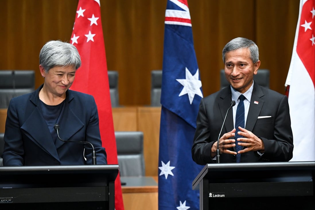 Singapore’s Foreign Minister Vivian Balakrishnan (right) and Australian Foreign Minister Penny Wong during a press conference at the conclusion of the Singapore-Australia Joint Ministerial Committee meeting at Parliament House in Canberra on Monday. Photo: EPA-EFE