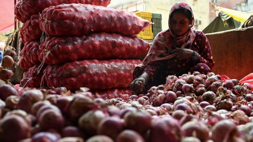 A woman sorts out onions at a vegetable market in Delhi on May 30, 2023