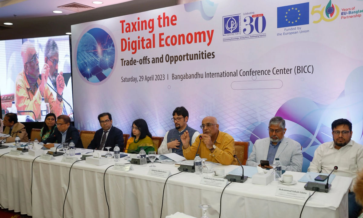 Centre for Policy Dialogue distinguished fellow Debapriya Bhattacharya speaks at a dialogue on Taxing the Digital Economy: Trade-Offs and Opportunities” jointly organized by CPD and European Union at Bangabandhu International Conference Center in the capital's Agargaon on 29 April 2023. 