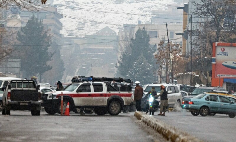 <p>Taliban security forces block a road after a suicide blast near Afghanistan’s foreign ministry at the Zanbaq Square in Kabul on January 11. — AFP</p>