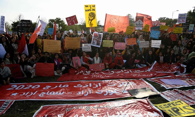 Activists of the Aurat March hold placards during a rally to mark International Women's Day in Islamabad on March 8, 2020. — AFP/File's Day in Islamabad on March 8, 2020. — AFP/File