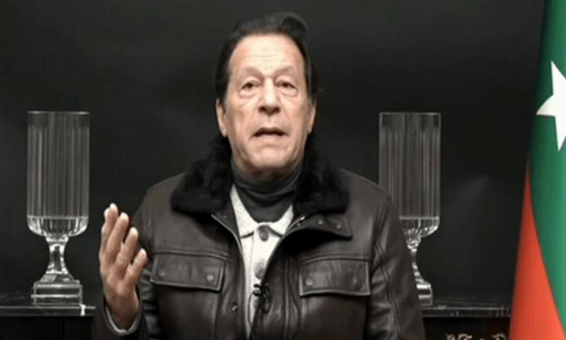 <p>PTI Chairman Imran Khan speaks in a video address on Tuesday. — DawnNewsTV</p>