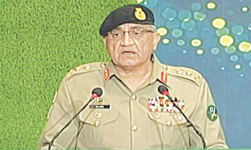<p>This screengrab shows General Qamar Javed Bajwa speaking at the Defence and Martyrs Ceremony.</p>
