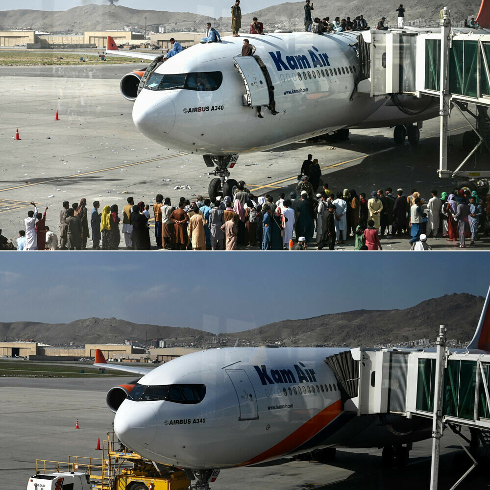 This combination of pictures created shows (top) Afghan people climbing atop of a plane as they wait at the Kabul airport in Kabul on August 16, 2021, and (bottom) the same area of the airport taken on August 1, 2022.-AFP