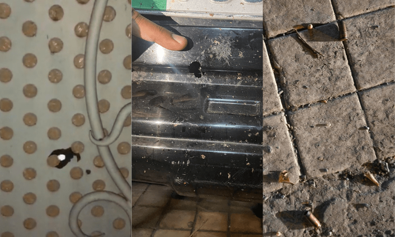 <p>This photo collage shows bullet holes in the main gate of Sardar Latif Khosa’s Lahore house (L) and in his car’s bumper (C) along with bullets lying on the ground (R) after unknown men opened fire at his house in the early hours of Friday. — Photos provided by Wasim Riaz</p>