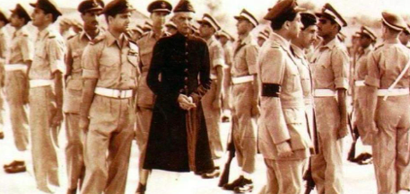 Quaid Reviews the Parade at Risalpur April 13 1948. Air Marshal Perry Keene & Wing Commander Asghar Khan behind the Quaid.