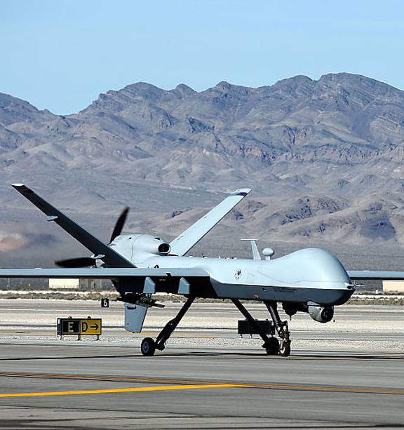 An MQ-9 Reaper remotely piloted aircraft (RPA) pictured at Creech Air Force Base in Indian Springs, Nevada. A Reaper drone was was forced down in international waters by a Russian fighter jet over the Black Sea. Photo / Getty Images