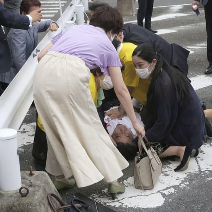 Former Japanese PM Shinzo Abe collapses after reportedly being shot in Nara. Photo: Kyodo News via AP