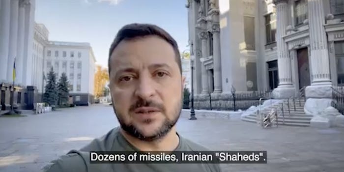 A screenshot from a video of President Volodymyr Zelenskyy, uploaded October 10 2022, after multiple cities in Ukraine were attacked. Subtitles say: Dozens of missiles, Iranian 'Shaheds'