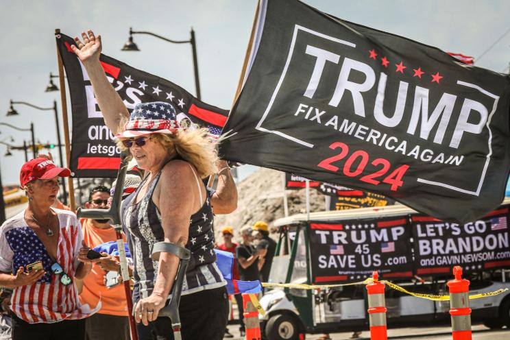 Supporters of former US President Donald Trump gather near Mar-a-Lago in Palm Beach, Florida, on April 1, 2023.