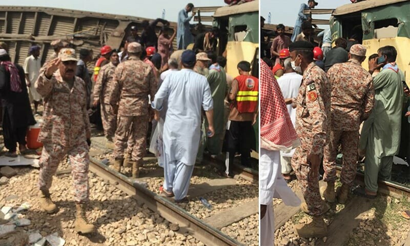 Army and Rangers personnel present at the train accident site in Nawabshah on Sunday. — DawnNewsTV