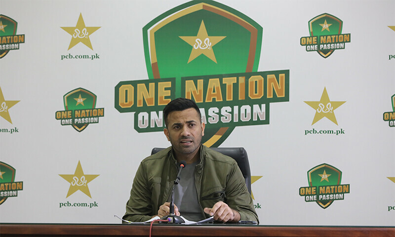 Newly appointed Chief Selector Wahab Riaz giving a press conference.—Photo courtesy: PCB X account.