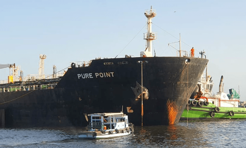<p>A picture of the cargo ship carrying crude oil from Russia in Karachi on Sunday. — DawnNewsTV</p>