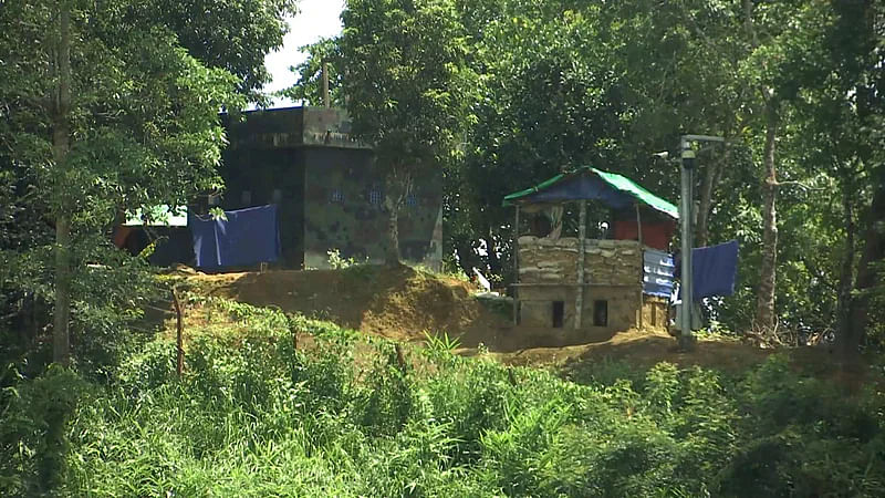 An outpost of Myanmar's border security force, BGP, at Bangladesh-Myanmar border at Tumbruright point in Myanmar. Bangladesh's Pashchimkul village at this side of the border