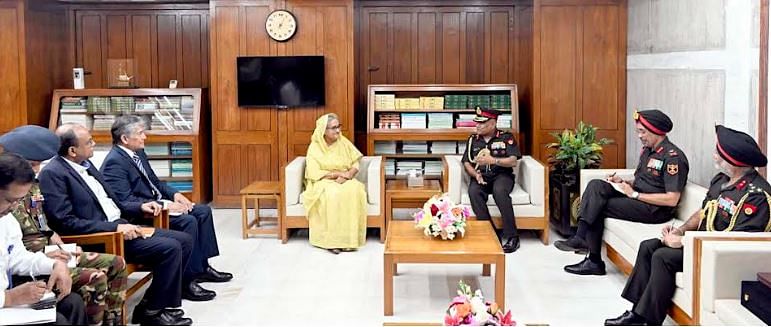 Visiting Indian Army Chief General Manoj Pande pays a courtesy call on Prime Minister Sheikh Hasina at the her Jatiya Sangsad Bhaban office in the capital on 6 June, 2023