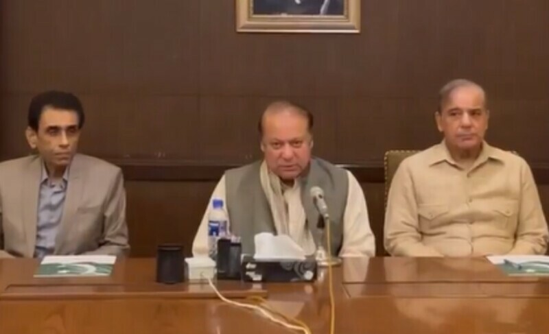 The photo shows MQM leader Khalid Maqbool Siddiqui, PML-N supremo Nawaz Sharif and PML-N President Shehbaz Sharif during a meeting on Tuesday. — photo courtesy PML-N/X