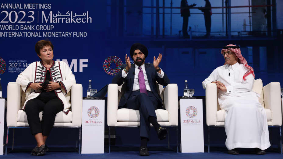 Kristalina Georgieva, managing director of the International Monetary Fund (IMF), left, Ajay Banga, president of the World Bank Group, center, and Mohammed Al-Jadaan, Saudi Arabia's finance minister, during a panel session at the annual meetings of the International Monetary Fund and World Bank in Marrakesh, Morocco, on Thursday, Oct. 12, 2023.