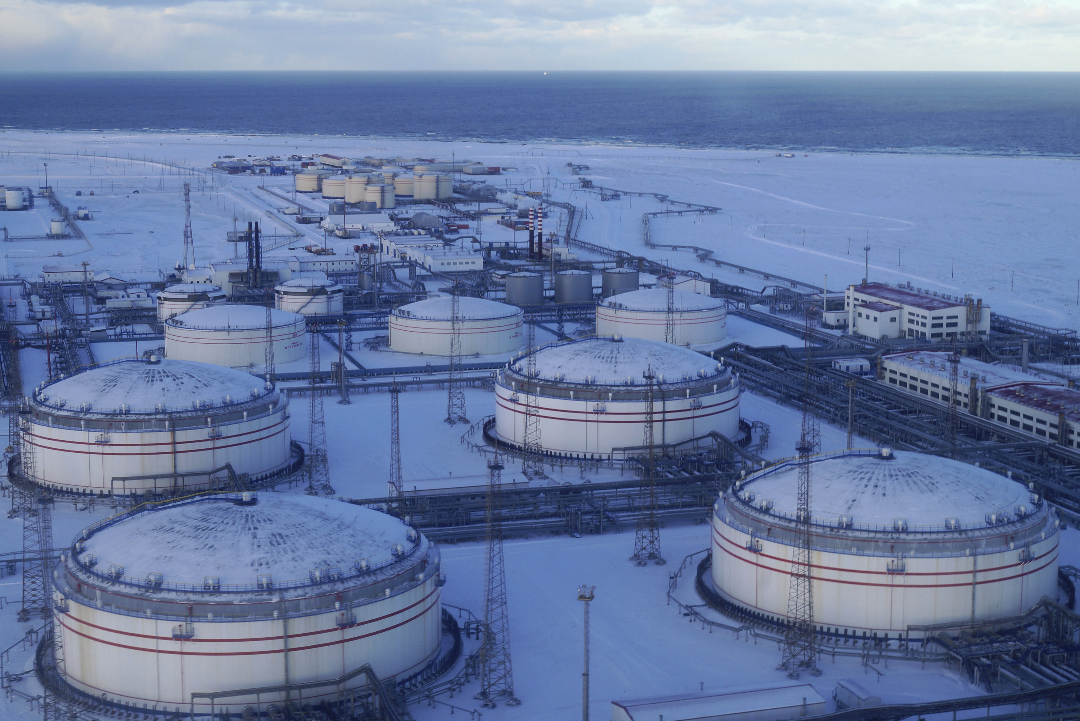 An aerial view shows a storage facility owned by Lukoil company at the Arctic port of Varandei