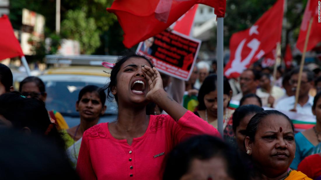 Members of Dalit groups shout slogans during a protest in Mumbai, India, Monday, April 2, 2018. Violence erupted in parts of north and central India as thousands of Dalits, members of Hinduism's lowest caste, protested an order from the country's top court that they said diluted legal safeguards put in place for their marginalized community. 