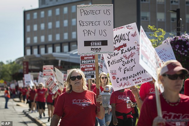 Nurses demonstrate outside North Memorial Hospital in Robbinsdale, Minnesota, last year