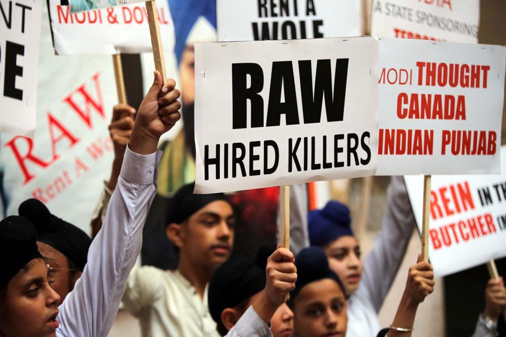 Members of Sikh community in Peshawar, Pakistan, demonstrating against India’s intelligence agency R&AW over the killing of Hardeep Singh Nijjar in Canada