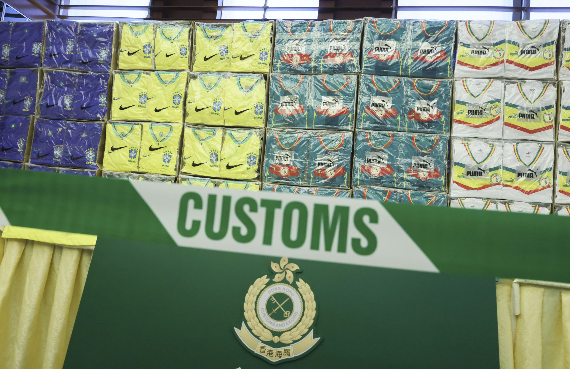 Hong Kong Customs displays counterfeit football jerseys seized in latest operation. Photo: Dickson Lee