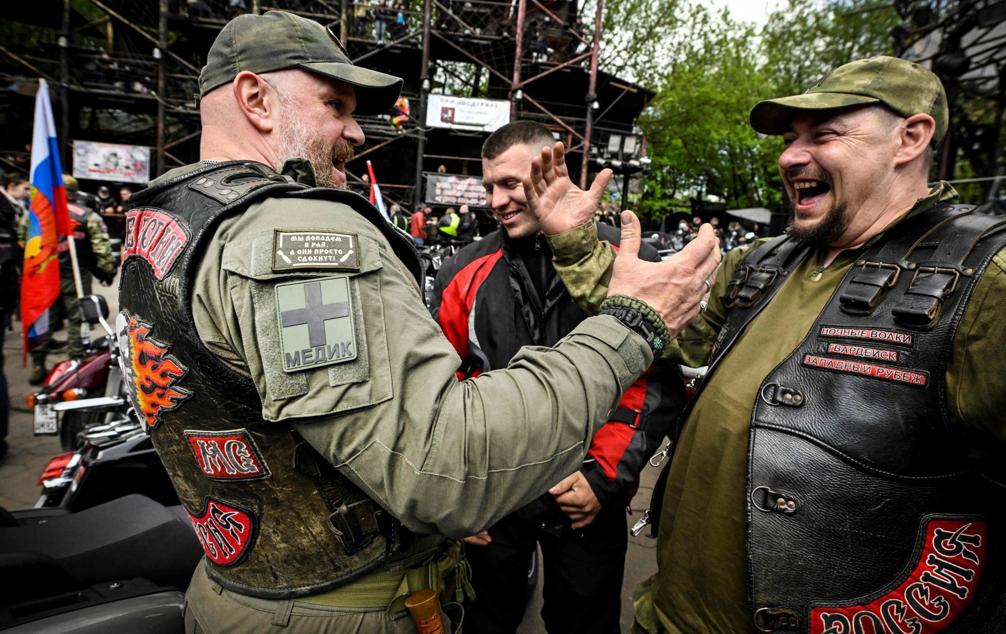 Russian bikers greet each other in Moscow on Saturday. Photo: AFP