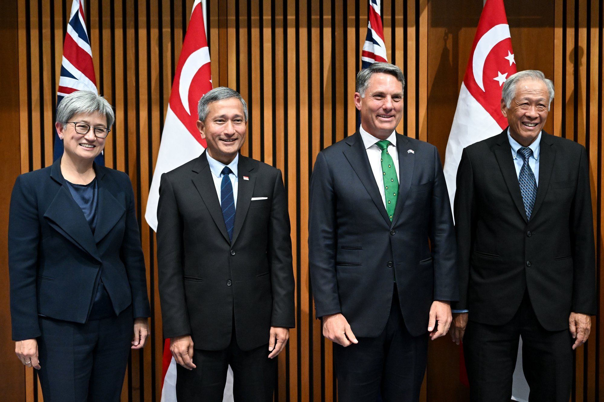 (From left) Australian Foreign Minister Penny Wong, Singaporean Foreign Minister Vivian Balakrishnan, Australian Defence Minister Richard Marles and Singaporean Defence Minister Ng Eng Hen during the Singapore-Australia Joint Ministerial Committee meeting at Parliament House in Canberra on Monday. Photo: EPA-EFE