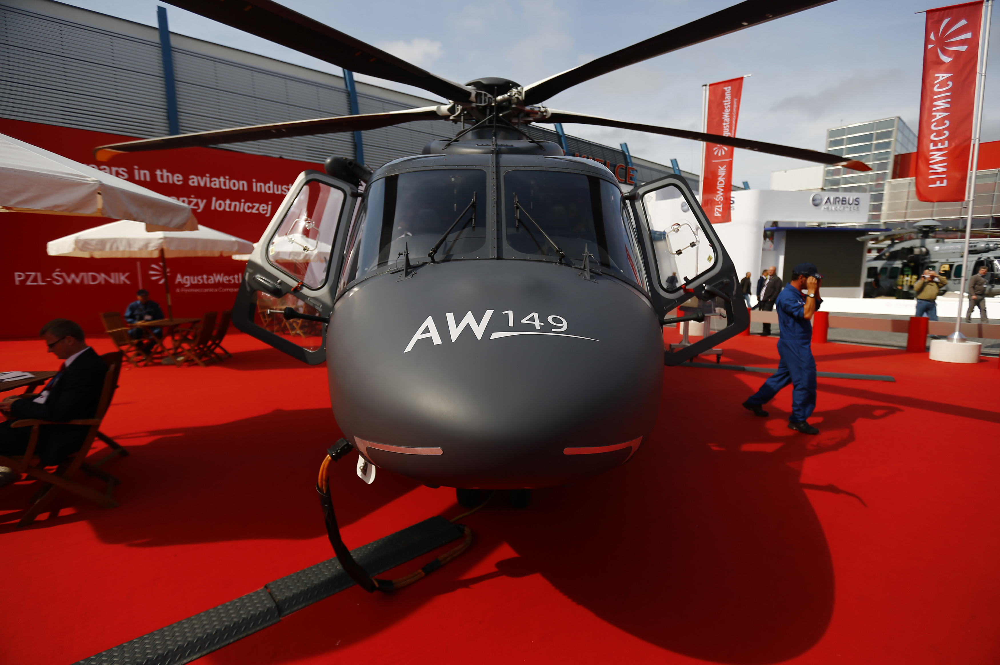 A multi-role military helicopter AW149 manufactured by AugustaWestland is exhibited at an international military fair in Kielce