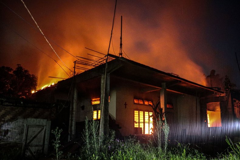 House, burning, in, India, Manipur, state