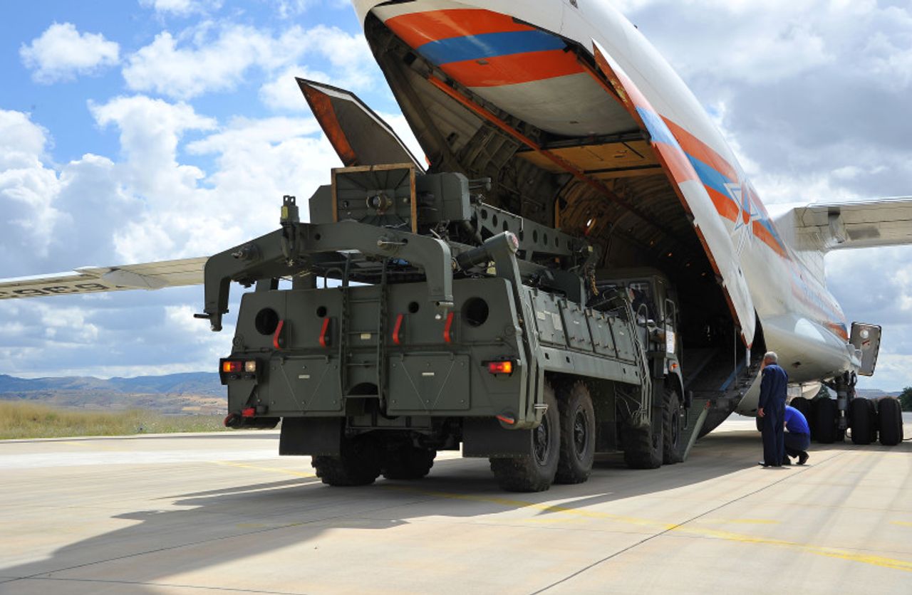 First parts of a Russian S-400 missile defense system are unloaded from a Russian plane at Murted Airport, known as Akinci Air Base, near Ankara, Turkey, July 12, 2019.